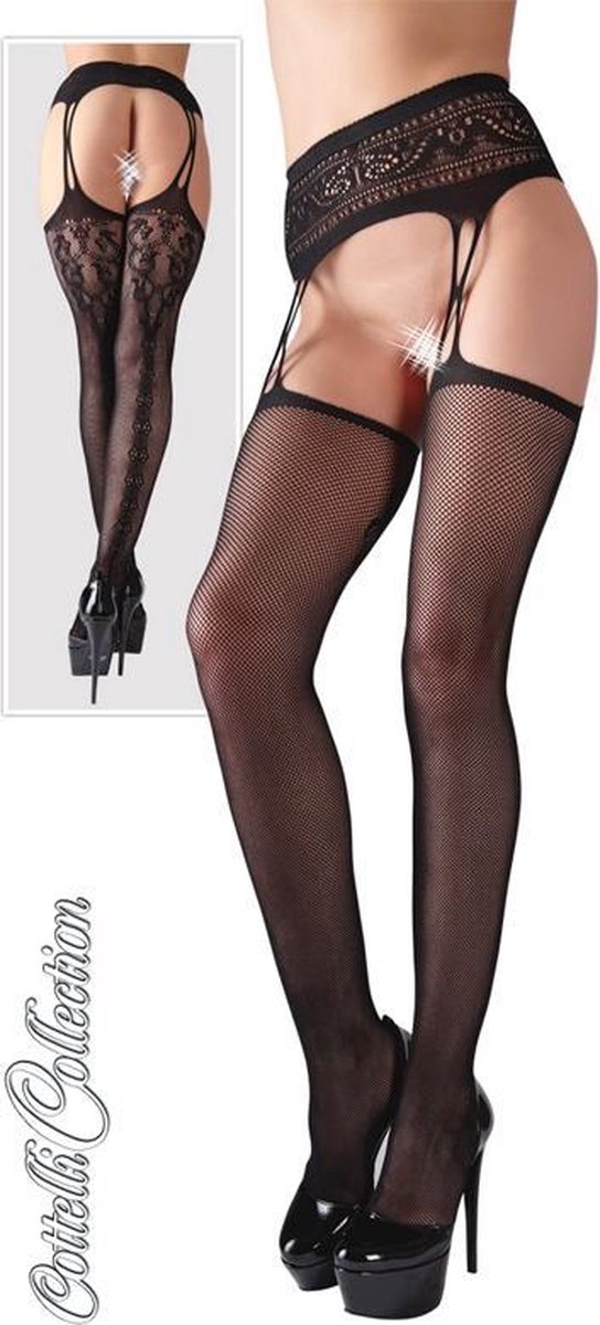 Goedkoopste Cottelli Collection – Naadloze Jarretel Gordel met Net Kousen voor Gewillige Look – Maat L/XL - Zwart