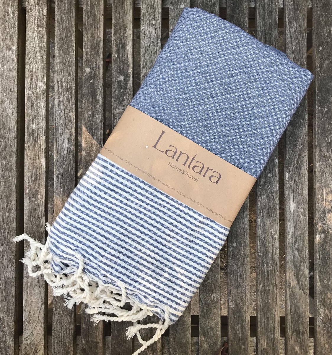 Lantara hamamdoek jeansblauw met ecru streepjes - 100x200cm