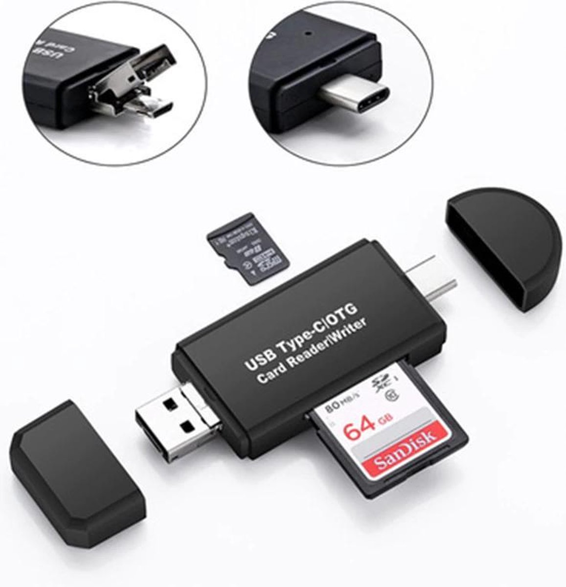 SD Kaartlezer USB voor Micro SD kaart - SD kaart - Geschikt voor Telefoon, PC en Tablet met Micro USB aansluiting - Zwart - Merkloos