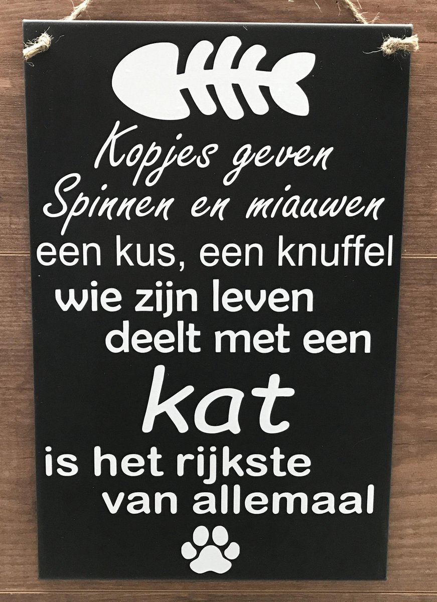 Zinken tekstbord kopjes geven kat antraciet 20x30 cm. - poes