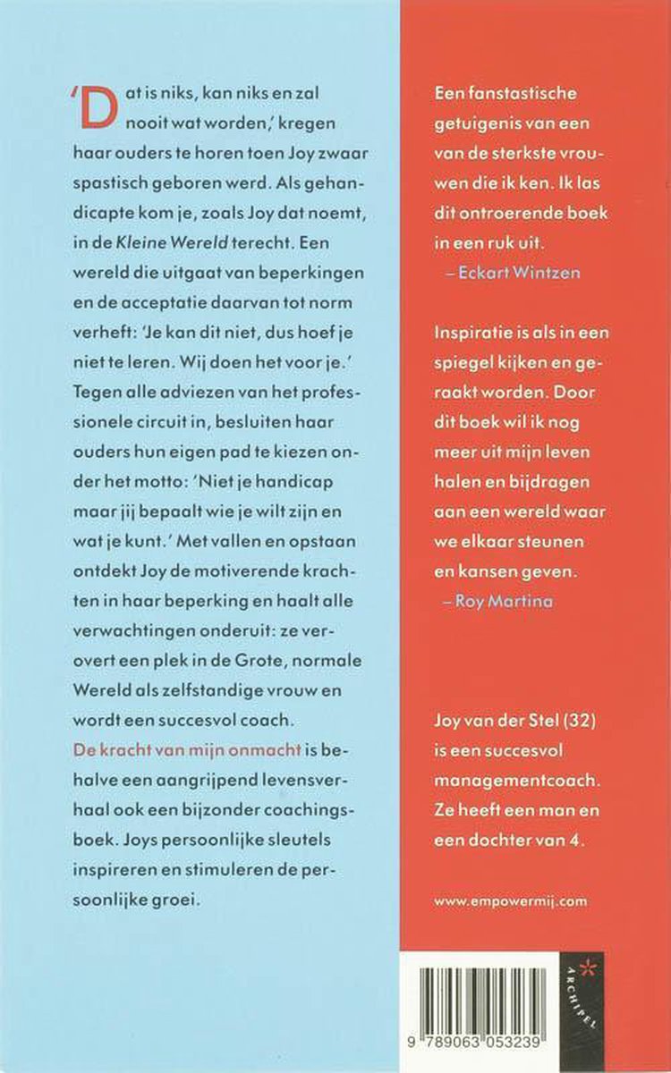 Achterkant van een boek met tekst over 'De Kracht van mijn onmacht' en auteur Joy van der Stel, met een streepjescode.