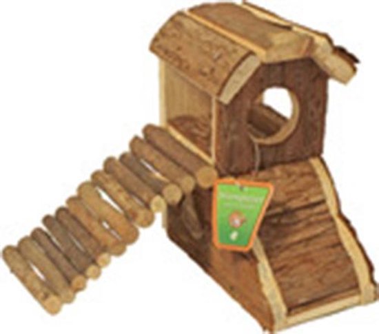 Hamsterhuis met loopbrug 'Natural', 17 cm.