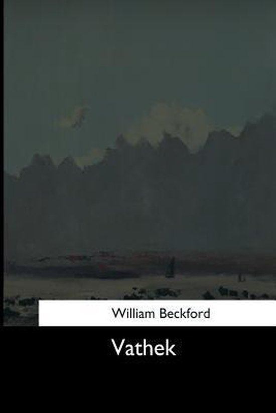 Boek 'Vathek' van William Beckford met een landschap met bergen en een boot op water.