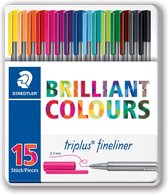 4x Staedtler fineliner Triplus, metalen doos met 15 stuks in geassorteerde kleuren