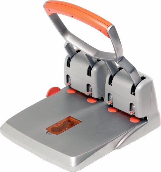 Grijze perforator met oranje handvat en perforatiekappen, met een transparant venster.