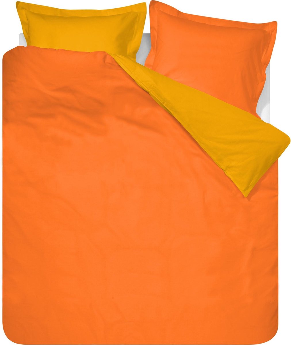 SENZATIONE 100% Katoen Percaline Dekbedovertrek Uni Reversible 240x200/220-2x60x70 cm ( 240 cm Lang ) ORANJE/GOUDGEEL