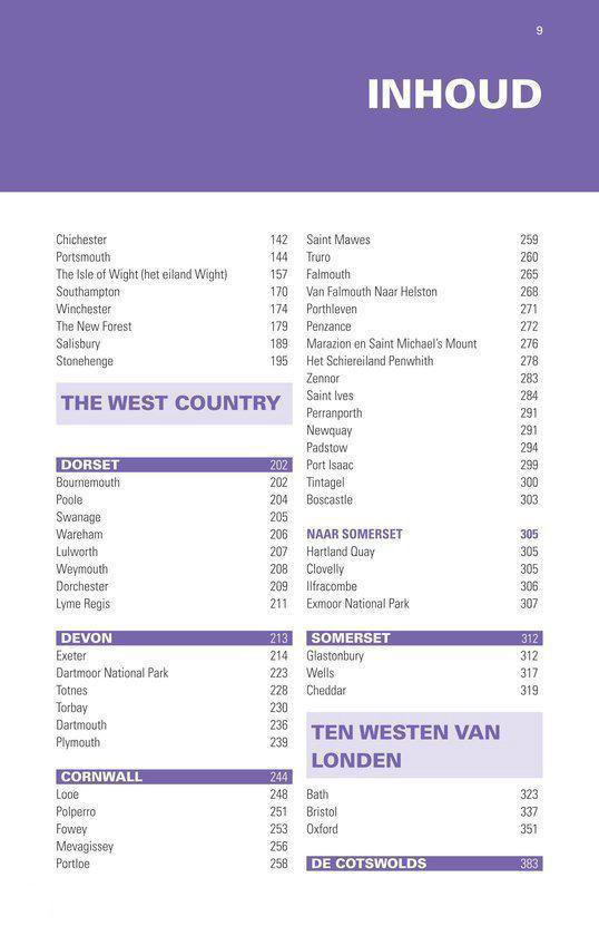 Pagina 9 van de Trotter gids met een inhoudsopgave, met secties over Dorset, Devon, Cornwall en Somerset.