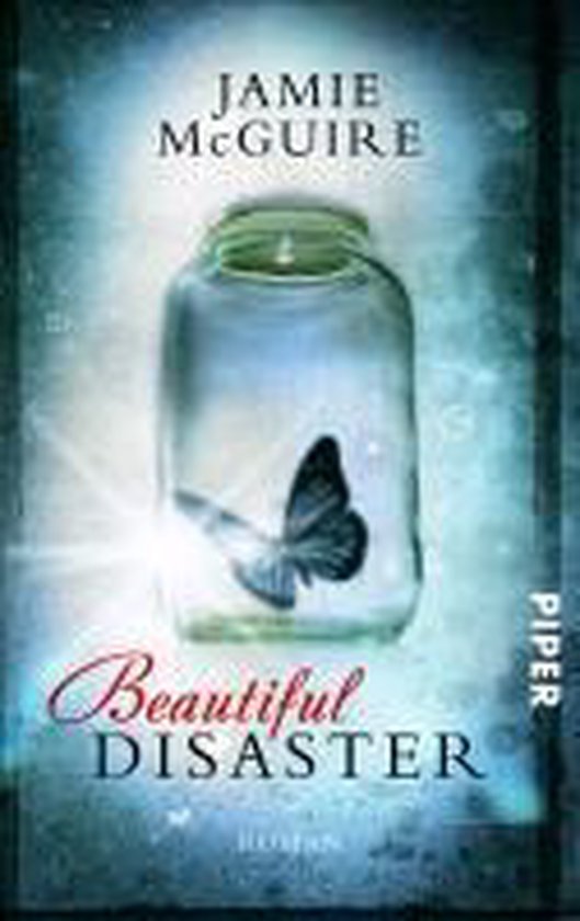 Boekomslag met een vlinder in een glazen pot. Titel: Beautiful Disaster van Jamie McGuire.