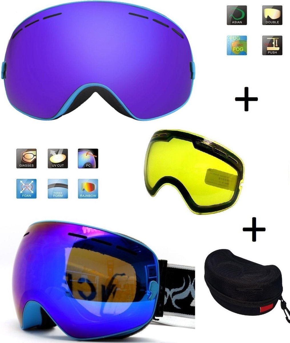 Ski bril met box en EXTRA lens Smoke Bleu frame Blauw F type 3 Cat. 0 tot 4 - ☀/☁