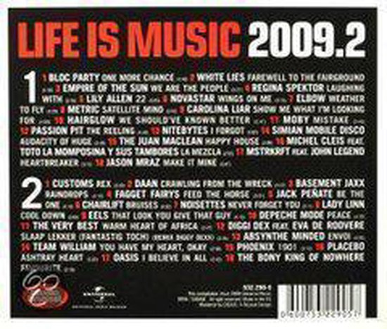 Boek met de titels van liedjes op Life Is Music 2009.2, met 2 secties getiteld '1' en '2'.
