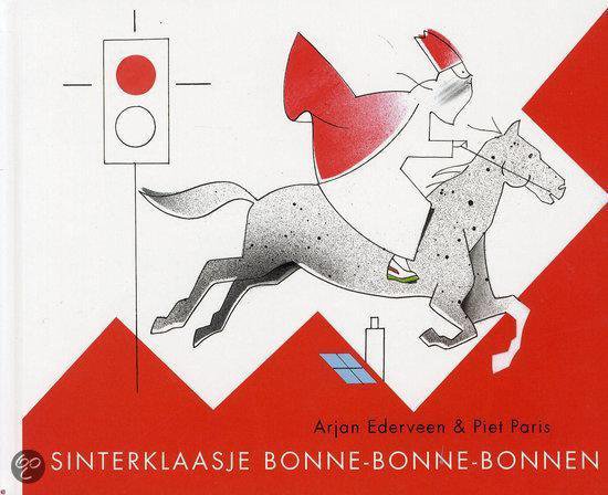 De cover van het boek Sinterklaasje bonne-bonne-bonnen toont een gestileerde Sinterklaas te paard, onderweg bij een stoplicht. Rode en witte lijnen bepalen de achtergrond.