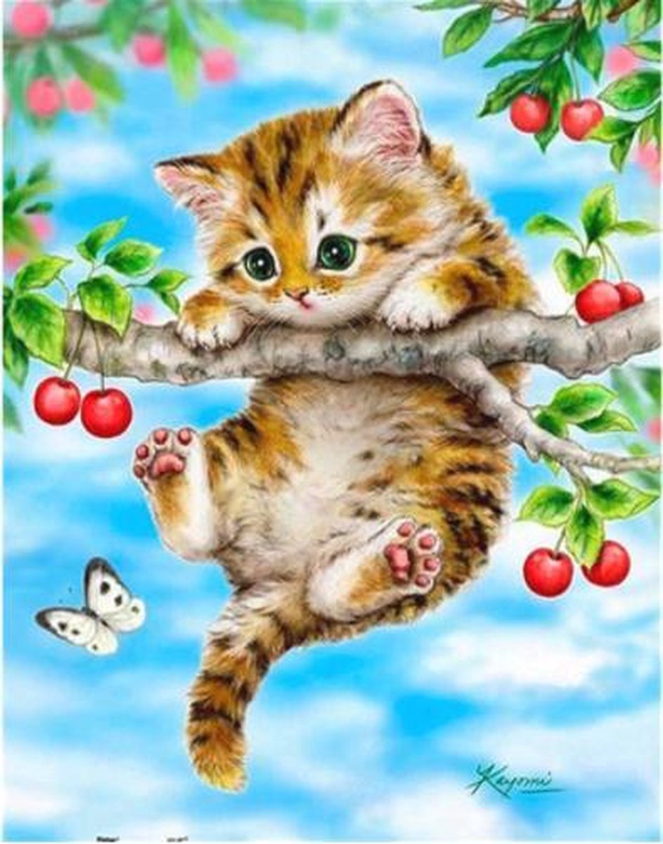 Diamond Painting Pakket Kitten hangend aan een tak - Diamond Paintings - 25x30 cm - Volledig - Vierkant - SEOS Shop ®