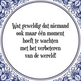 Tegeltje met Spreuk (Tegeltjeswijsheid): Wat geweldig dat niemand ook maar ��n moment hoeft te wachten met het verbeteren van de wereld! + Kado verpakking & Plakhanger