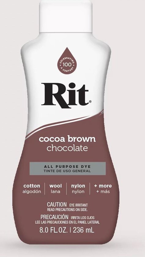 Fles Rit Cacao Bruine kleurstof, met de tekst 'cocoa brown chocolate' en 'all purpose dye'.