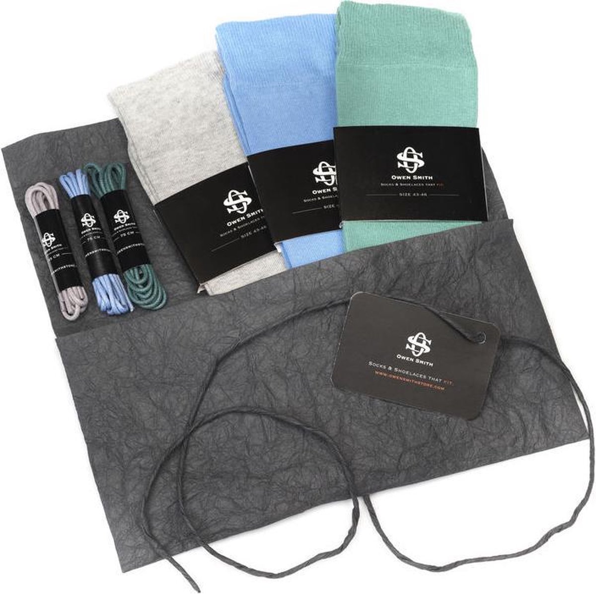 Owen Smith Style Kit - 3 paar Herensokken met Veters, blauw mint grijs, maat 39-42 veterlengte 75cm