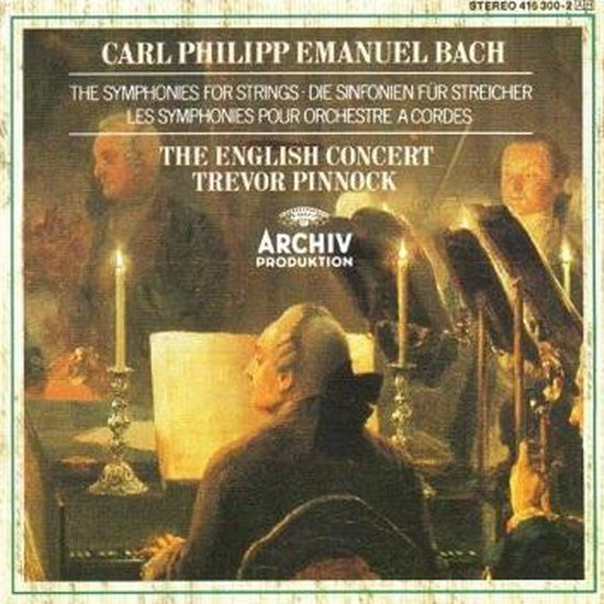 Albumhoes met schilderij van een orkest, met tekst: Carl Philipp Emanuel Bach, The English Concert, Trevor Pinnock, Archiv Produktion.