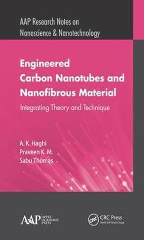 Boekomslag: 'Engineered Carbon Nanotubes and Nanofibrous Material' in wit op een roze achtergrond met grijze randen.