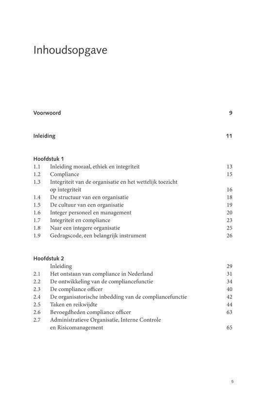 Pagina met inhoudsopgave van het voorwoord en de eerste twee hoofdstukken uit het 'Handboek Compliance Professional'.