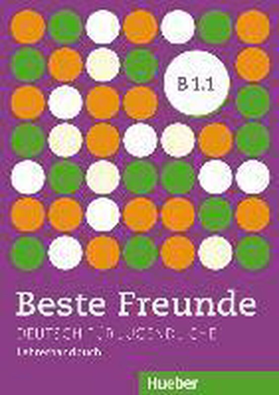Couverture violette avec une grille de cercles verts, orange et blancs. "Beste Freunde" et "B 1.1" en lettres blanches.