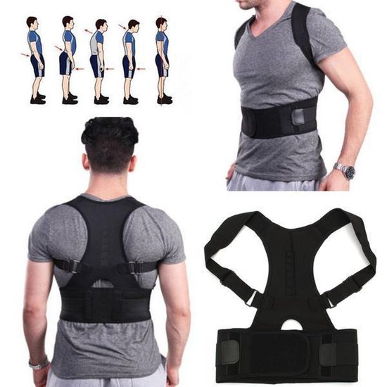 Man met zwarte rugbrace. Illustraties van houding correctie. Zwarte rugbrace.