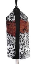 Luipaard print korte sjaal dames zwart bruin creme wit - dunne lichte half transparante stof - polyester chiffon - 45 x 150 cm