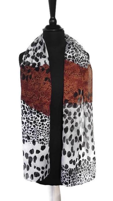 Luipaard print korte sjaal dames zwart bruin creme wit - dunne lichte half transparante stof - polyester chiffon - 45 x 150 cm