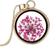 Fako Bijoux® - Ketting - Gedroogde Bloem - Rond - Goudkleurig - Bordeaux