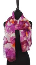 Dames sjaal paars aubergine roze crème herfstblad motief lichte chiffon stof - 50 x 160 cm