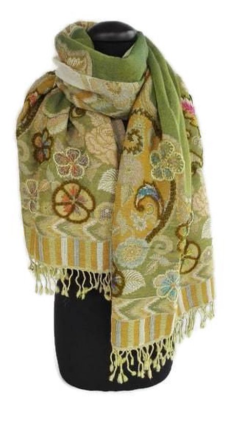 Warme wollen winter dames sjaal - groen - geel - geborduurd - 70 x 180 cm |  bol