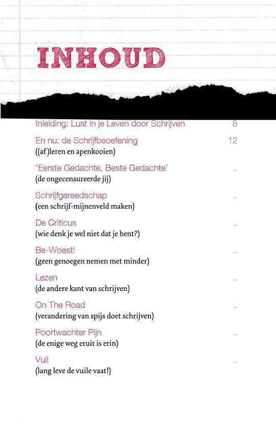 Boekomslag met de titel ' Inhoud ' in grote, roze letters.