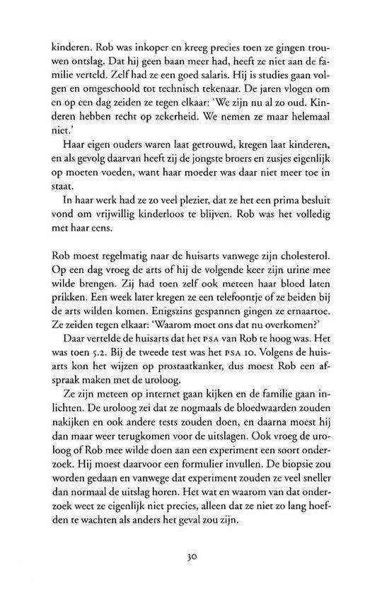 Een open boekpagina met tekst over Robs levensloop, werk en gezondheid.