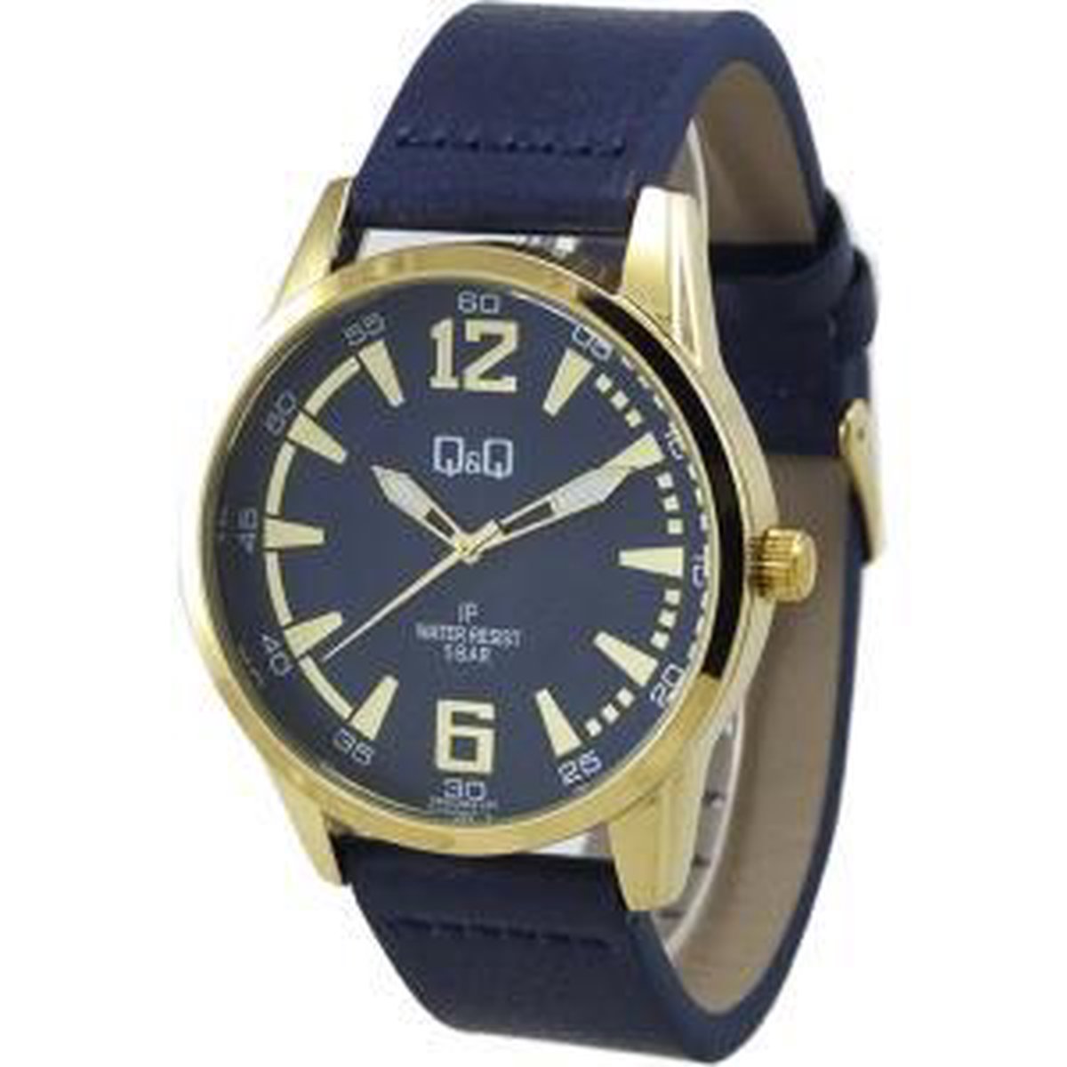 QQ heren horloge Q890J802Y met blauw leren horlogeband en goudkleurige horlogekast