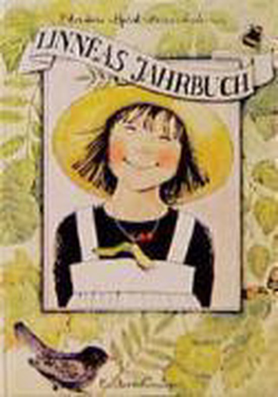 Boek kaft met een lachend meisje met strooien hoed. Titel: Linneas Jahrbuch.