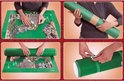 Vier afbeeldingen: puzzelen, oprollen, en vastzetten puzzel met Jumbo Puzzle & Roll mat.