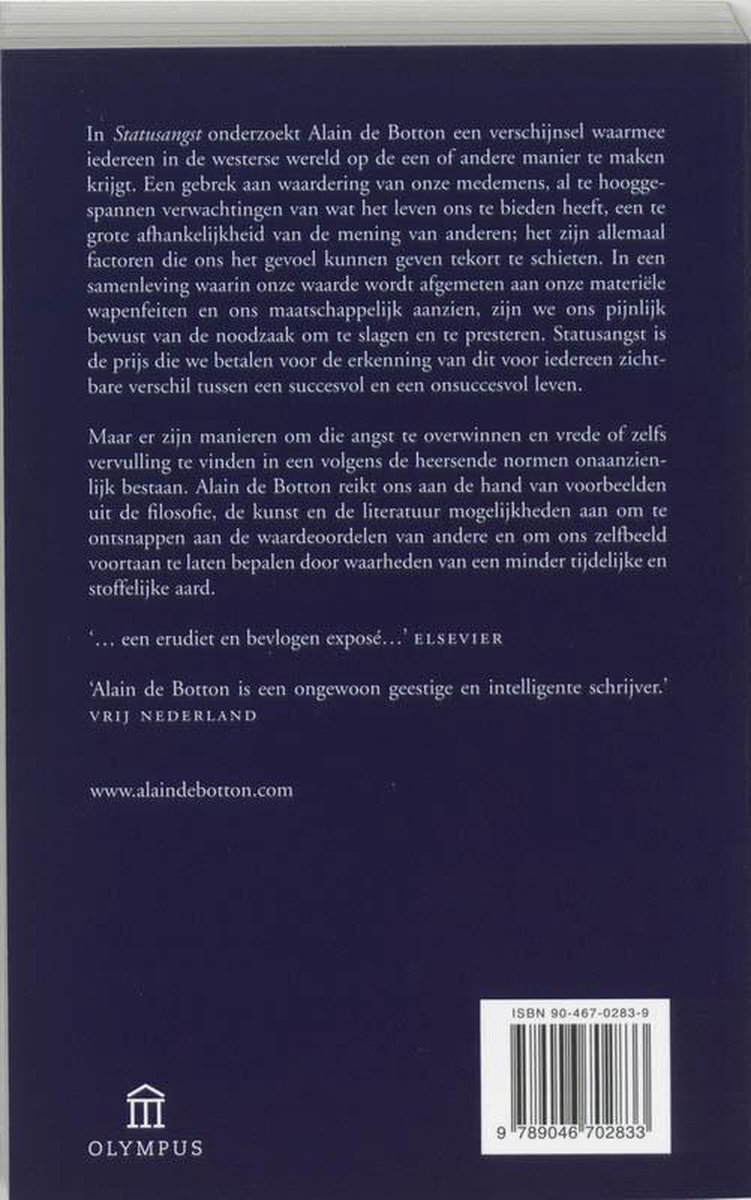 Achterflap van het boek 'Statusangst' met tekst, ISBN en de uitgever Olympus.