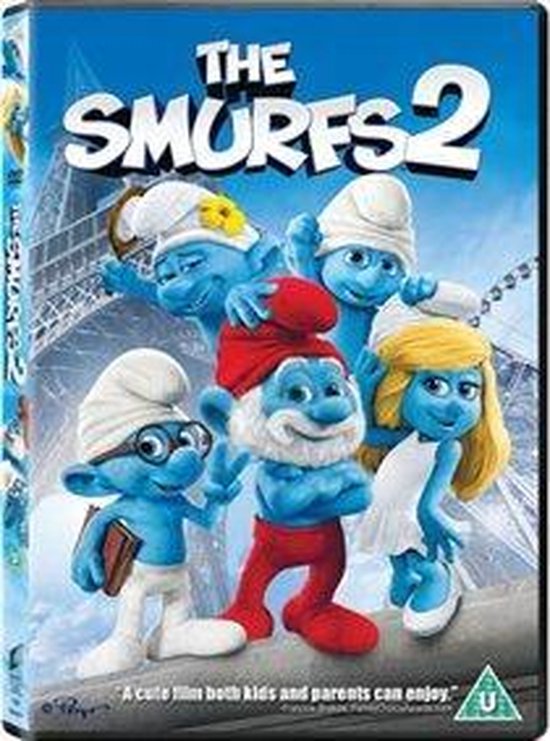 De Smurfen 2 DVD-cover met Papa Smurf, Smurfin en andere Smurfen voor de Eiffeltoren.