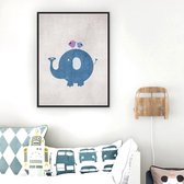 Postercity - Design Canvas Poster Blauwe Olifant met Vogeltjes / Kinderkamer / Muurdecoratie / 40 x 30cm / A3