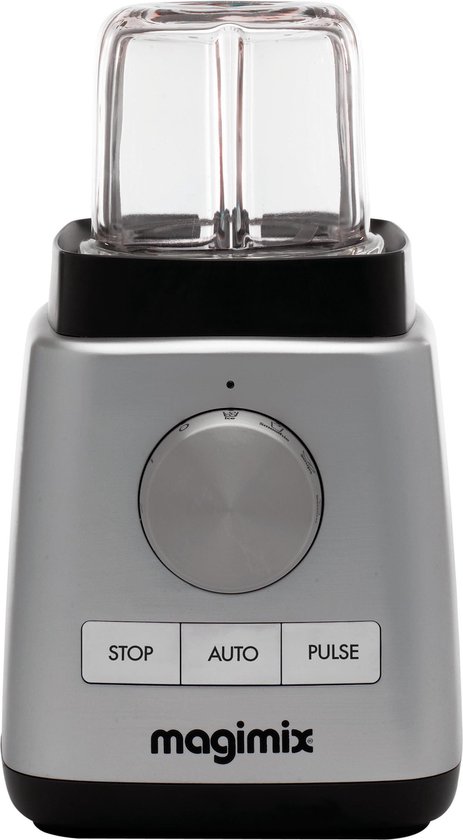 Zilverkleurige Magimix blender met glazen beker en metalen mesjes.