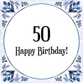 Verjaardag Tegeltje met Spreuk (50 jaar: Happy birthday! 50! + cadeau verpakking & plakhanger