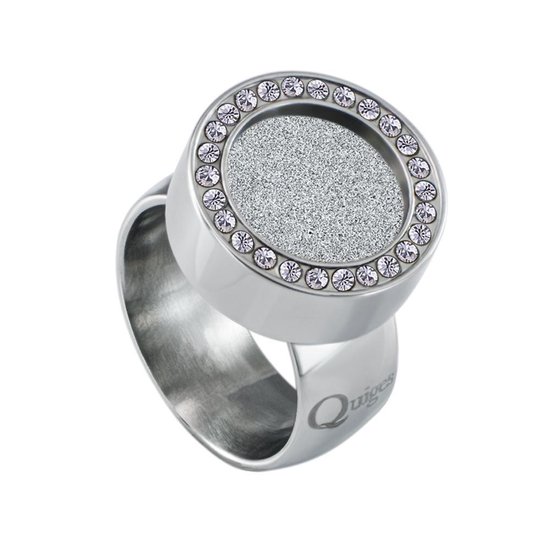 Quiges RVS Schroefsysteem Ring met Zirkonia Zilverkleurig Glans 20mm met Verwisselbare Glitter Zilver 12mm Mini Munt