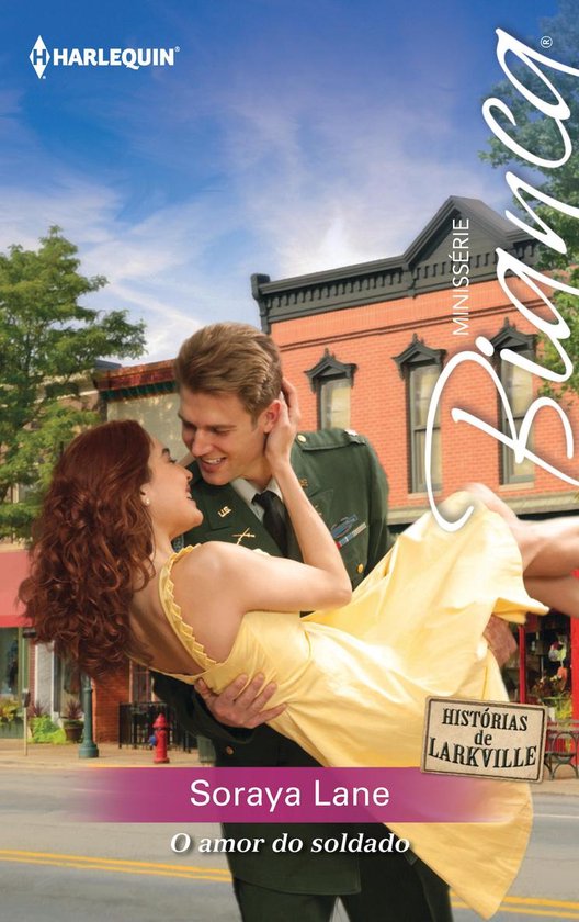 Un soldat en uniforme militaire tient une femme dans une robe jaune, avec le logo 'Bianca' et 'Historias de Larkville'.