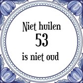 Verjaardag Tegeltje met Spreuk (53 jaar: Niet huilen 53 is niet oud + cadeau verpakking & plakhanger