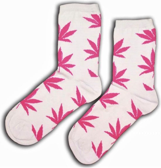 Wit met rose Cannabis sokken - wit met roze wiet bladeren - 1 paar - maat 36 tot 42