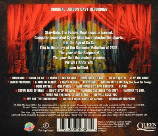 Achterkant van de 'We Will Rock You' cast recording met tracklist en band logo.