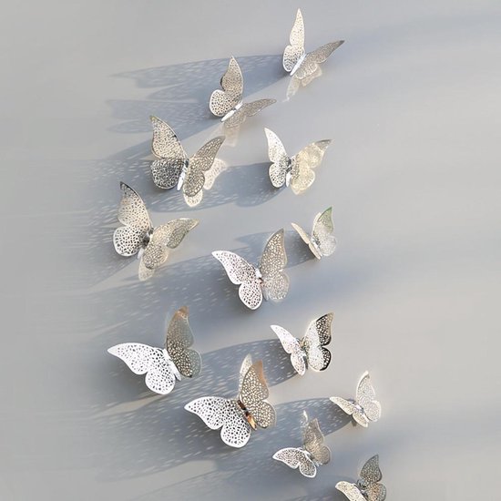 12 stuks 3D Vlinder Muurstickers - Decoratie - Opfleuren - Interieur -  Zilver | bol