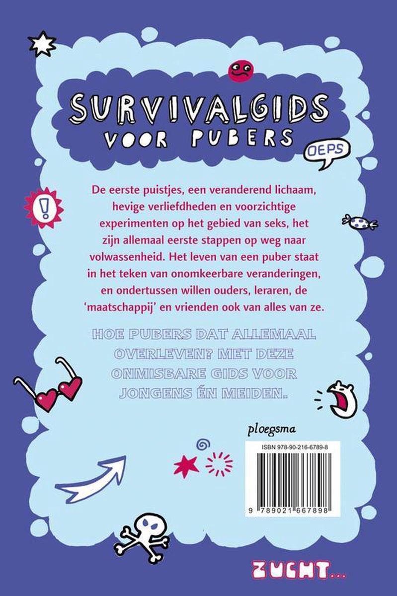 Rug van 'Survivalgids voor pubers' boek met illustraties van deels tekst met uitroeptekens en een barcode.