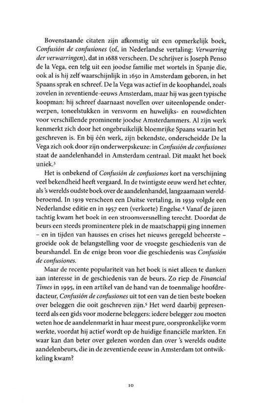 Boekpagina met tekst over het boek "Confusión de confusiones" en de aandelenhandel. Bevat paginanummer "10".