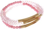 Roze armband 3 laags elastisch met glaskralen, natuur stenen en rosé kleurig staafje