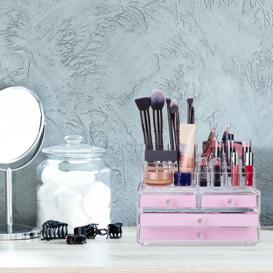 Relaxdays make-up organizer - tweedelig - cosmetica opbergdoos - lippenstift houder - roze - Relaxdays