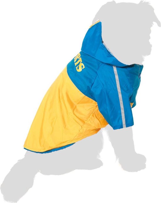 Hondenjas in geel en blauw met capuchon en 'SPORTS' opdruk. Met reflecterende strepen.